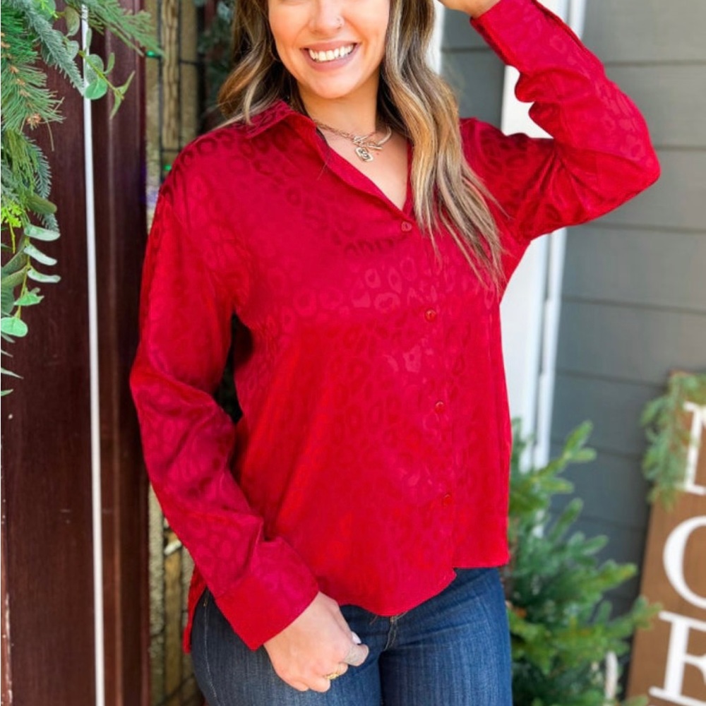 Leopard Button Down Long Sleeve Satin Blouse - 1X - Red